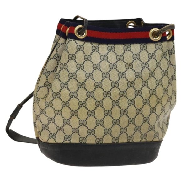 GUCCI GG Supreme Sherry Line Shoulder Bag PVC Navy Gold Red Auth 123716 - Picture 1 of 16